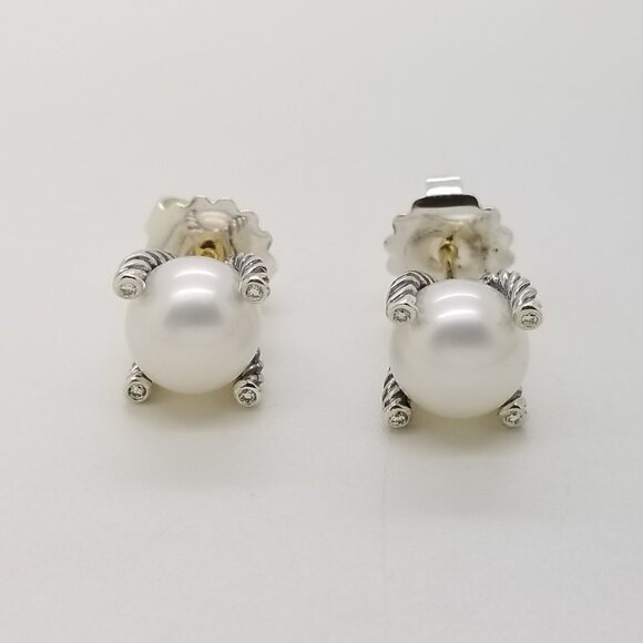 DAVID YURMAN 6mm Cable Classic Pearl Earrings in Sterling Silver w/ Diamonds 925 - Picture 2 of 8
